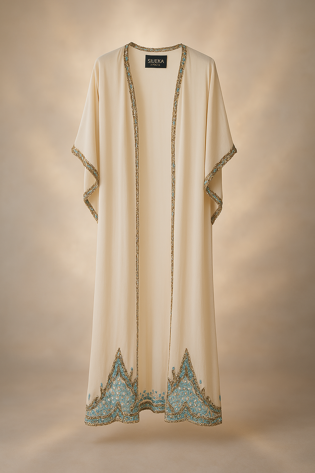 Kimono bordado de Sijeka Ozel con fondo cálido y aura etérea.